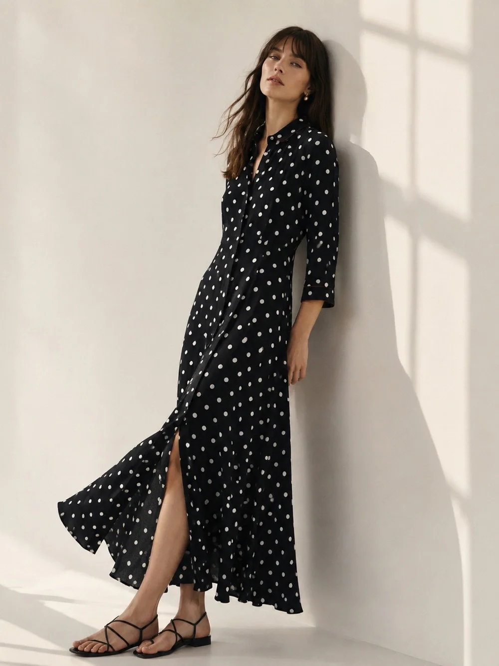 ZARA Woman Premium Collection Polka Dot Maxi Dress Black White Red Trim Size S - Picture 1 of 13